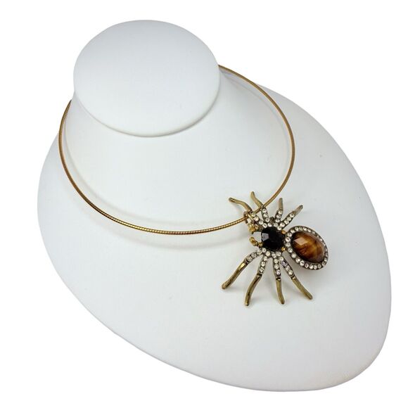 Vtg Gold Tone Spider Pendant Choker Necklace 16.5" With Rhinestones Statement - Picture 3 of 12